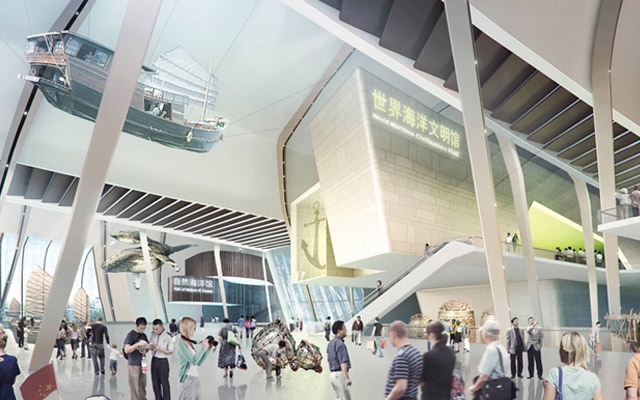 Hero slide, modern exhibition hall interior rendering, asset advisory visual