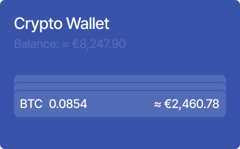 Digital crypto wallet interface showing a BTC balance and a total balance of about