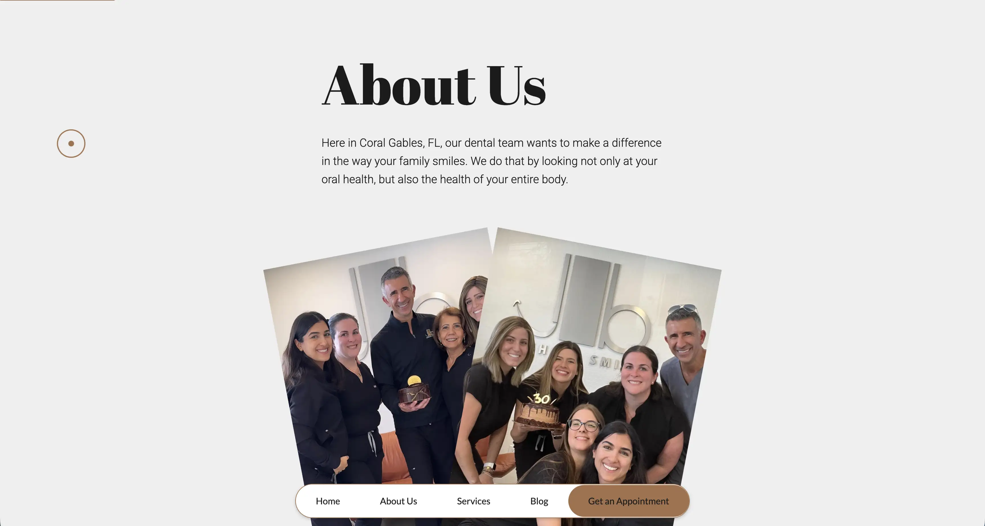 Dental team of eight smiling members in black attire, some holding birthday cakes, posing inside a dental office with a logo in the background.